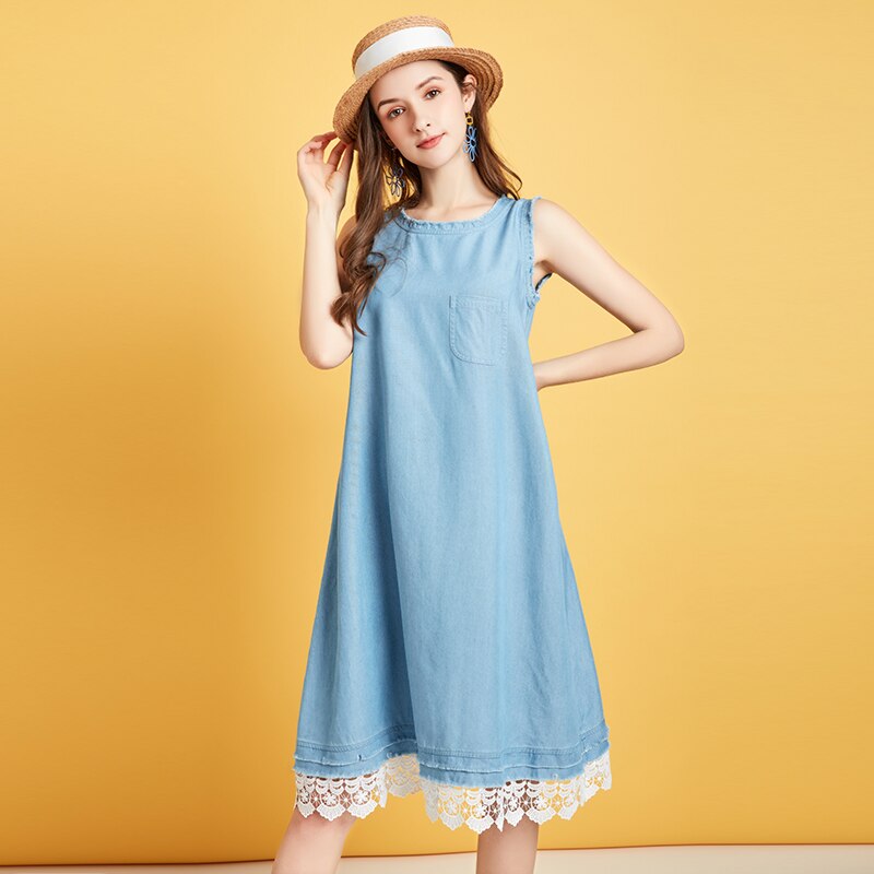 ARTKA Summer Women Dress Simple Denim Dresses A-Line One Piece Lace Dress O-Neck Sleeveless Long Dress LN25001X: S