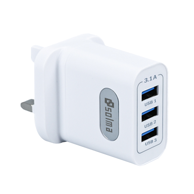 SOLMA UK standaard oplaadkop 3-poorten 3.1A USB-oplader voor iPhone Xiaomi met display mobiele stekker universele snellader