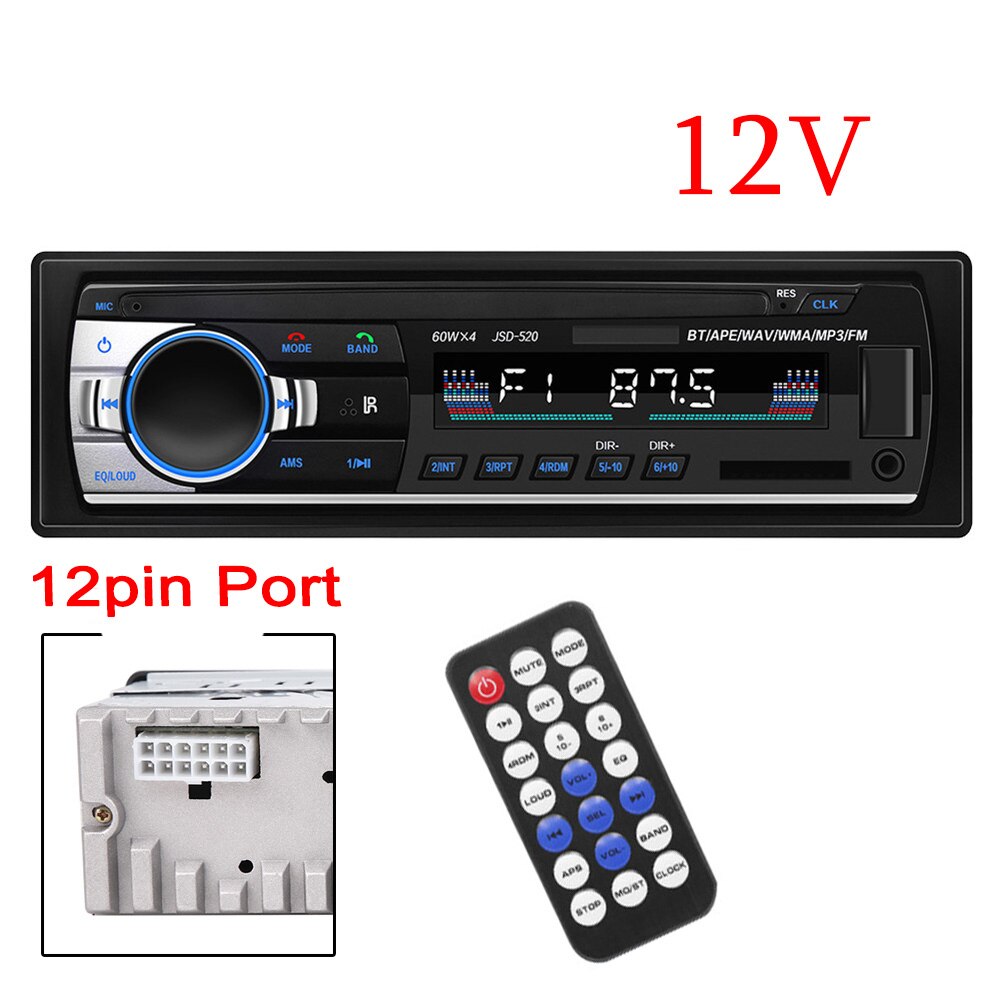 12-24V Autoradio JSD 520 estéreo 1 Din coche Radio Bluetooth Fm Entrada Aux receptor del camión del coche de Audio Usb SD Mp3 Mmc Wma manos libres: 12V 12PIN Radio only