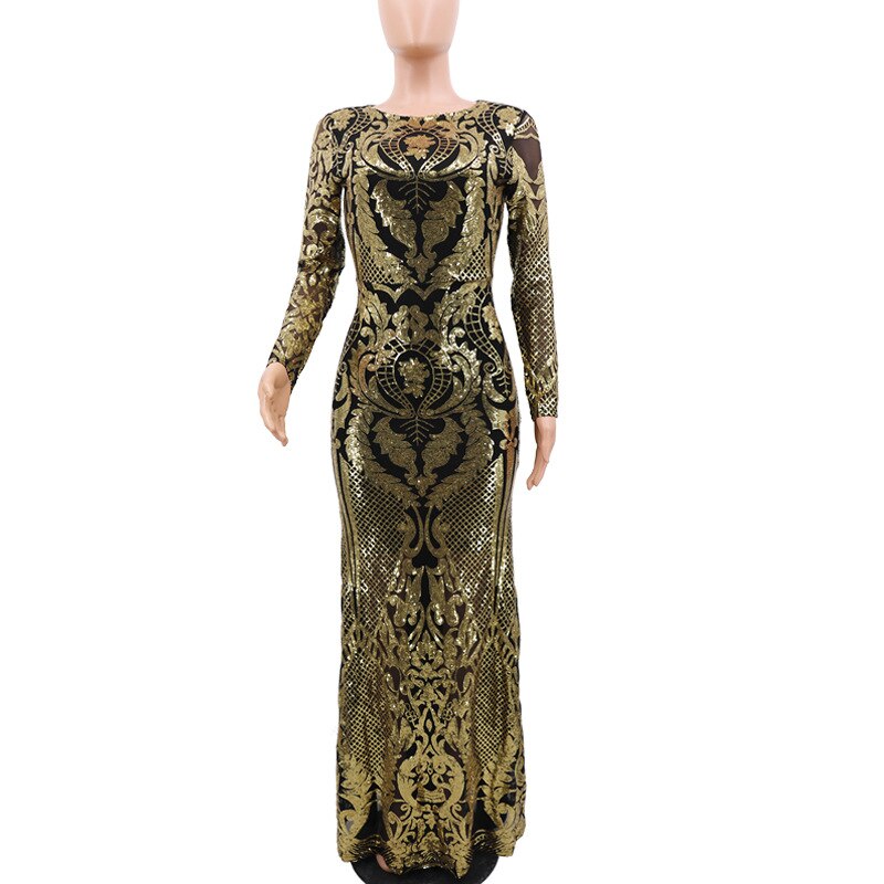 African Dresses For Women Evening Dress Black Golden Sequins Beaded Formal Long Evening Party Dress Africa Clothing: M