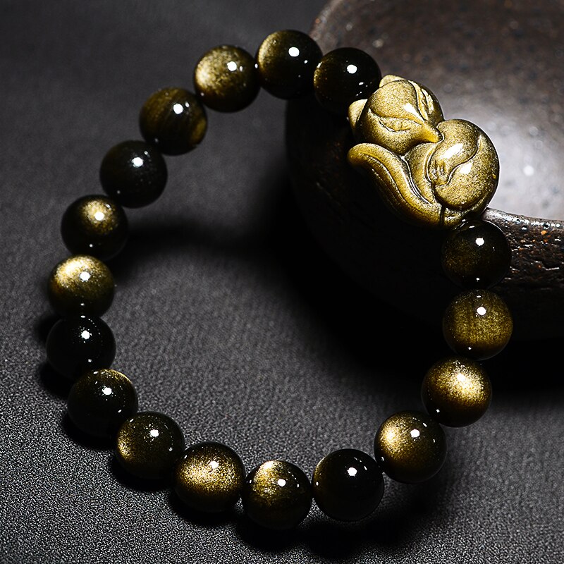 Natuursteen Goud Obsidiaan Vos Mannen Armband Trendy Animal Foxhound Ronde Kralen Armbanden Voor Vrouwen Krachtige Stretch Bangle