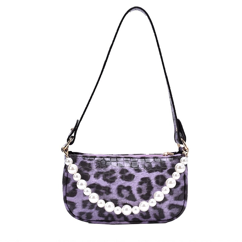 Schoudertassen Met Pearl Leopard Vrouwen Lederen Travel Steen Patroon Handtas Luxe Portemonnees Vrouwelijke Vintage Bakken: purple
