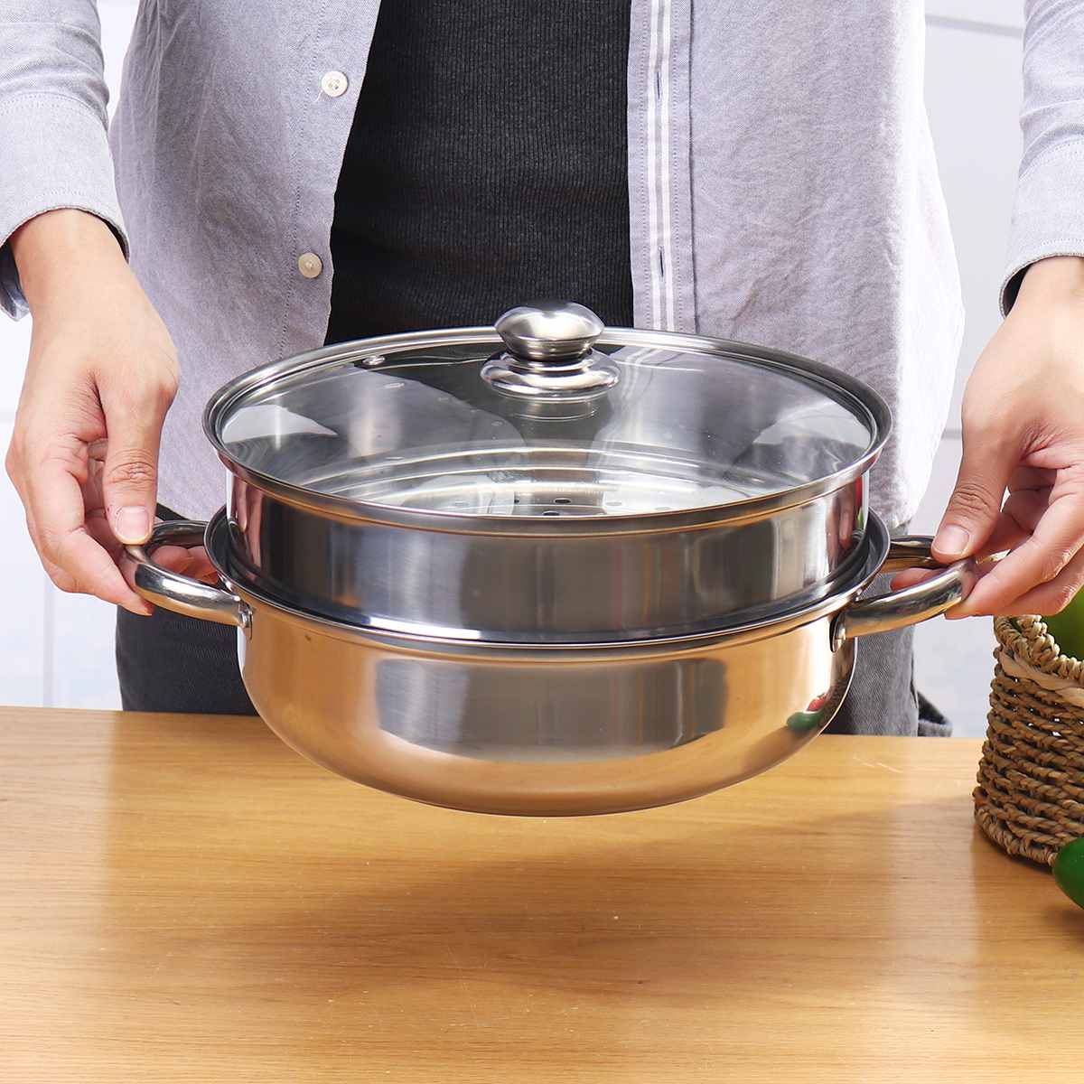 Steamer Pot Cooker Double-Boiler Soup Pot Steamer Utensil Double Bottom Noodle Pot Large Capacity