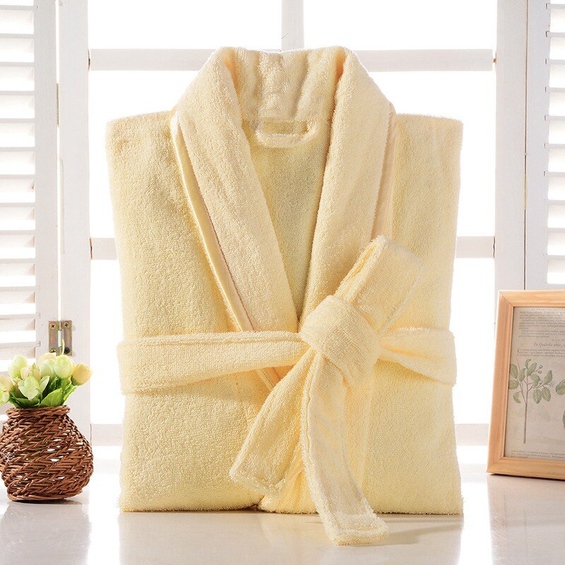 Badekåpe menn 100%  bomullshåndkle fleece tykk frotté varm brudepike badekåpe lang snor badekåpe par hotell hjemme morgenkåpe: Gul / L (165-180cm)