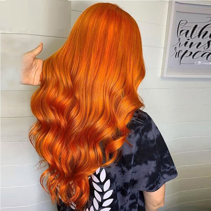 Gember Oranje Gekleurde Body Wave Synthetische Lace Front Pruiken Hoge Temperatuur Fiber Voor Zwarte Vrouwen Met Baby Haar Cosplay Pruik