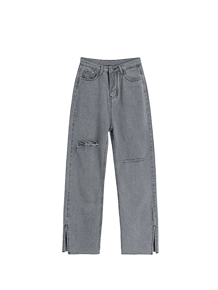 High Waist Grey Ripped Jeans Women Streetwear Baggy Harajuku Wide Leg Jeans Female Trousers 2022 Vintage Straight Long Pants: S