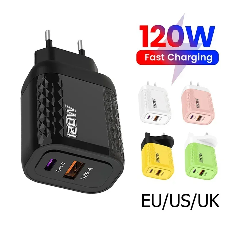 120W Charger Fast Quick Charging PD QC 3.0 USB Type C Charger Fast Charging EU/US/UK Plug Adapter For iphone 15 Samusng S23