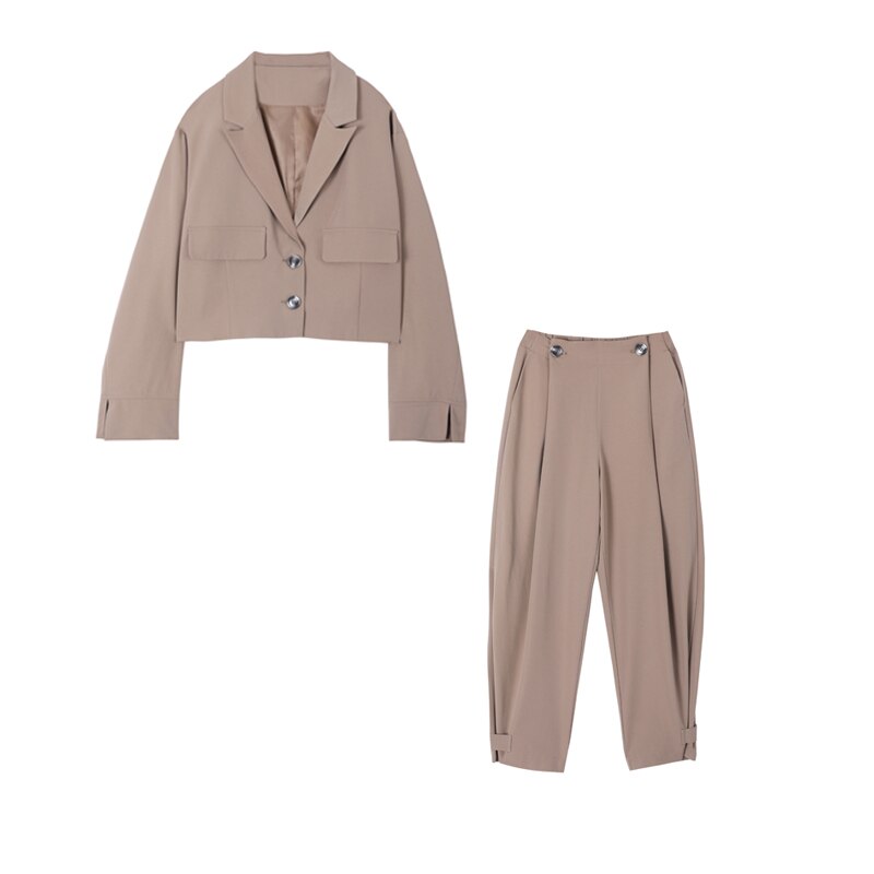 Kvinner 2 -delt sett høst uformelt blazere løs kontor dame forretningsdress kvinnelig koreansk blazer + dressbukse: kaki / S