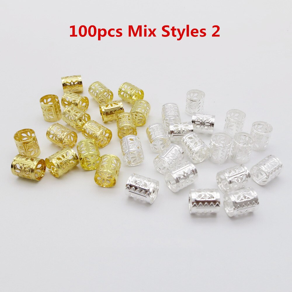 100 stk/lot gylden/sølv justerbar micro viking hår dread fletter dreadlock skjegg perler mansjetter klips ringer for hårtilbehør: 100 stk miks stiler 2