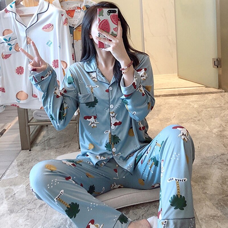 Le donne Del Fumetto di Frutta Stampa Pigiama impostato di Autunno del Lungo-manicotto T-camicia + Pantaloni Della Ragazza di Modo Degli Indumenti Da Letto Degli Indumenti Da Notte Abiti