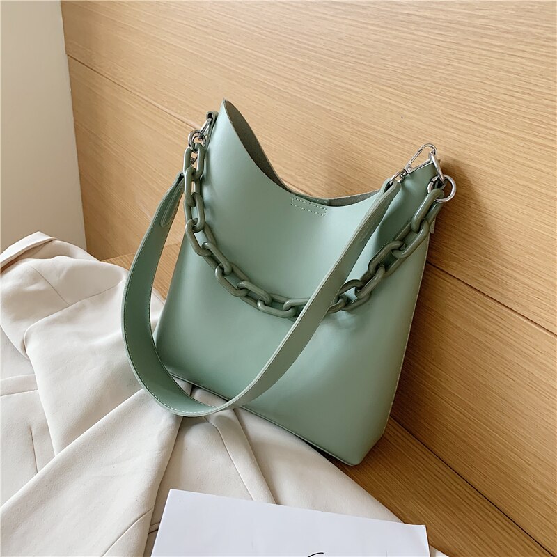 Brand Women Shoulder Bag Large Capacity Chain Bucket Handbags PU Leather Women's Totes Composite Bag Bolsa Female: Green