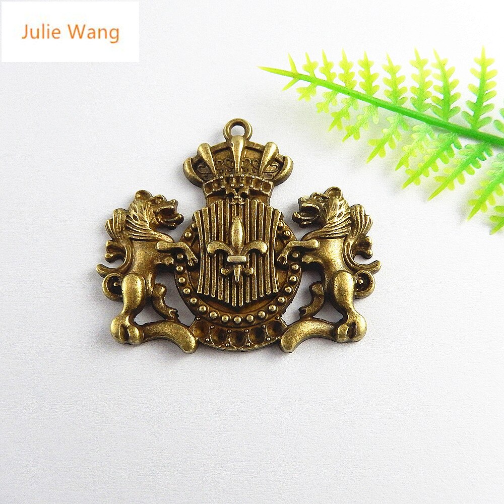 Julie Wang 5PCS Antique Bronze Lion Guardian Badge Charms Pendants Jewelry Making Necklace Key Chains Accessory