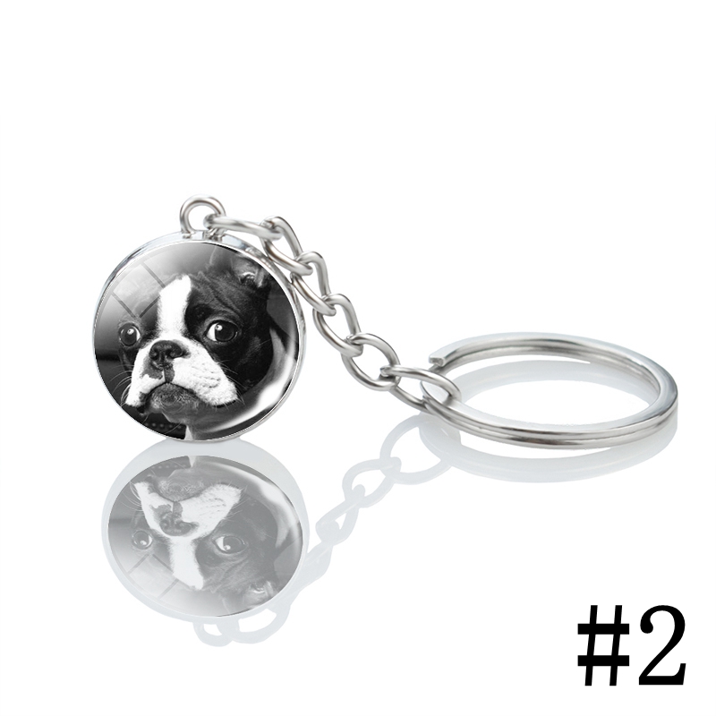 Men's Boston Terrier Keychain Black and White Dog Photo Glass Ball Pendant Keyring Decoration Pendant for Women: black
