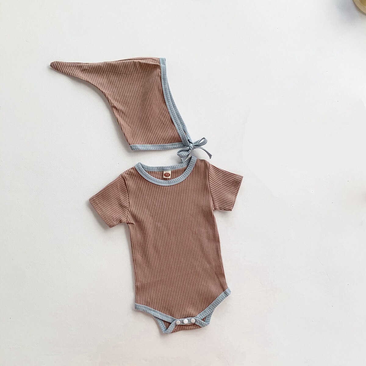 Baby Basic Zomer Romper Pasgeboren Kleding Effen Geribbelde Bodysuit Met Hoed Set Baby Baby Jongen Meisje Casual Outfit Katoenen Pyjama: Bruin / 66 0-6Months