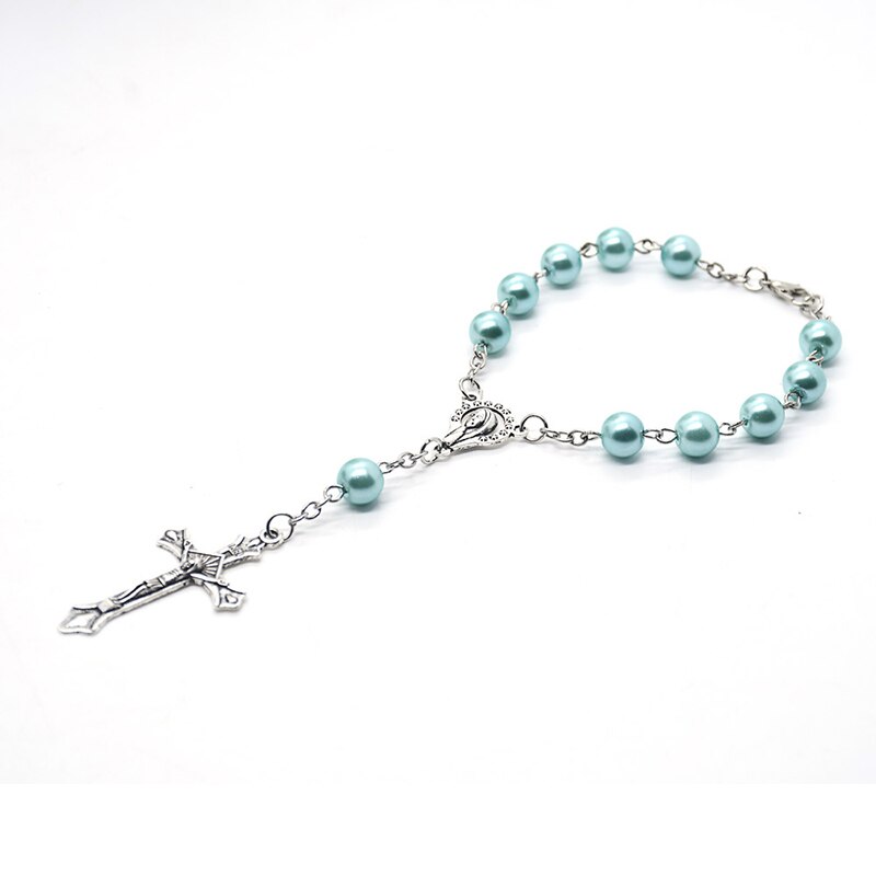 Lichtblauw Imitatie Parel Rozenkrans Armband Katholieke Jesus Cross Hangers Virgin Dame Van Guadalupe Armbanden Voor Vrouwen Sieraden