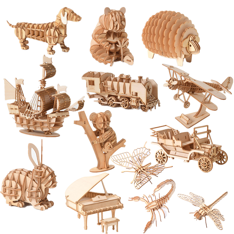 DIY 3D Wooden Puzzle Model Animal Montessori Toys for Children Crafts Dachshund Skeleton Assembly Set for Kids Adults Teens