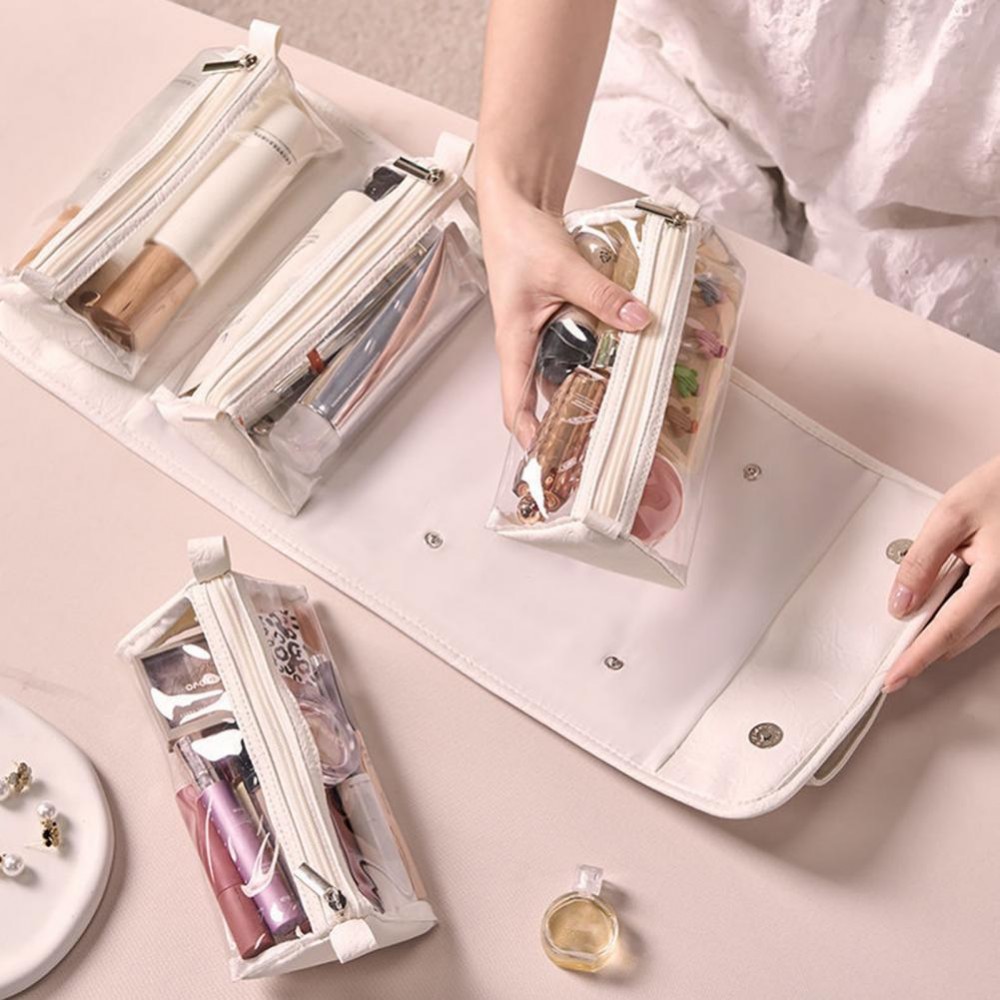 Neceser de viaje de cuero plegable para mujer, estuche de maquillaje portátil de gran capacidad, organizador de maquillaje de artículos de tocador impermeable, bolsa de almacenamiento