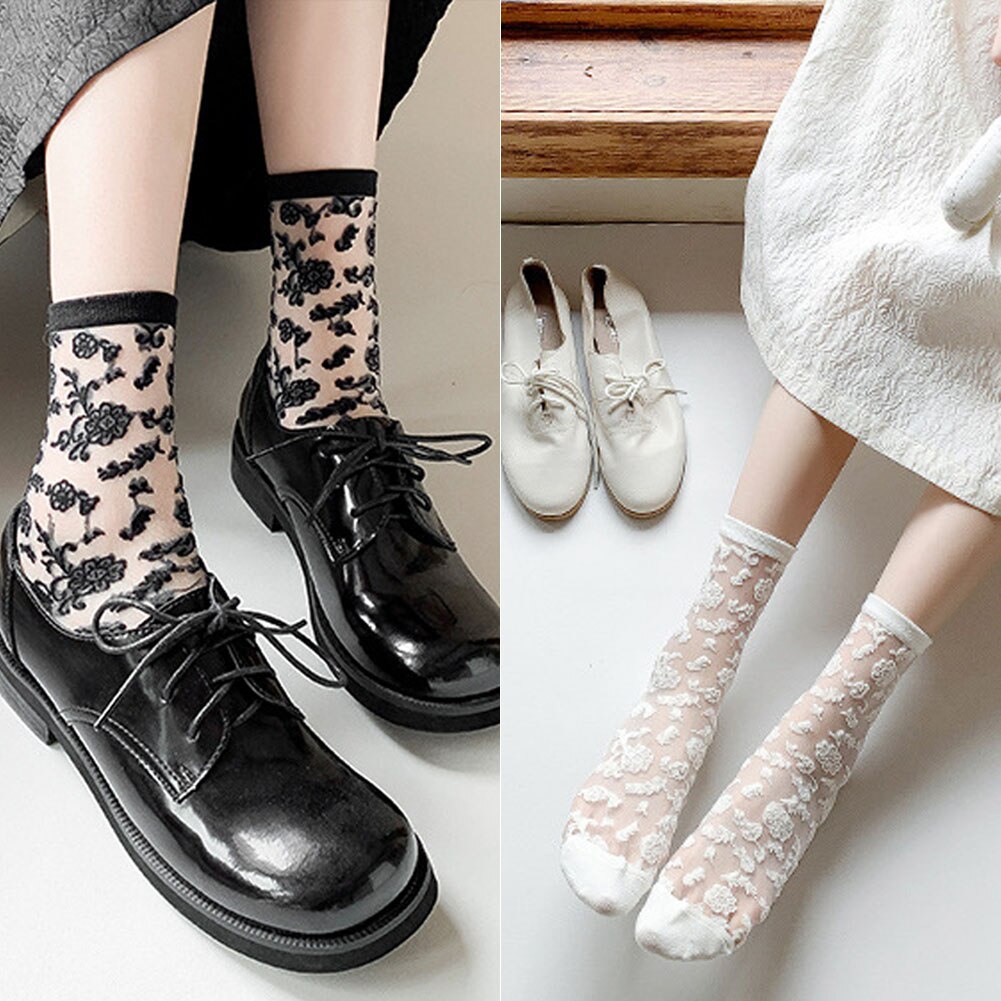 Lolita Sokken Vrouwen Sexy Glas Zijde Bloemenprint Vrouwen Transparante Sokken Vintage Voor Jk Meisje Kleding Accessoires