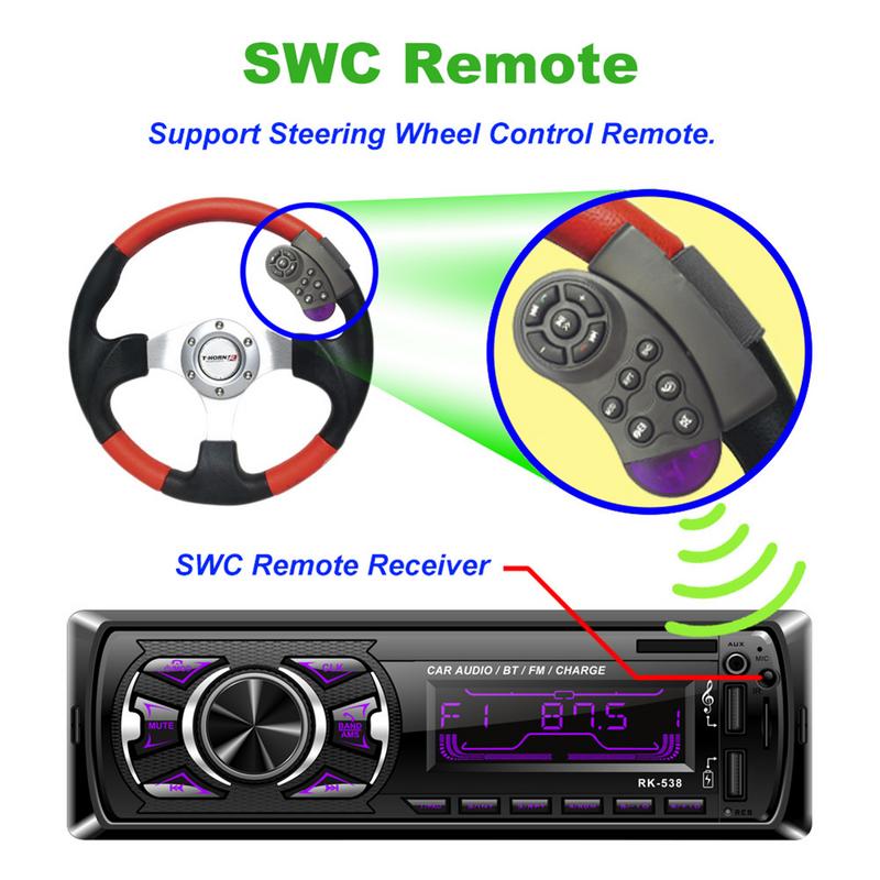 RK-538 Charger Two USB Car Radio FM 12V Fixed Front Panel Car Audio MP3 WMA Player Bluetooth SD AUX SWC Remote 7388 IC 538