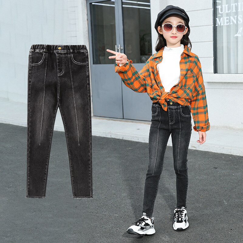 hiver filles Jean épaissir Jean maigre pour enfants coréen Denim pantalon noir Jean solide Jean pantalon Stretch fille pantalon