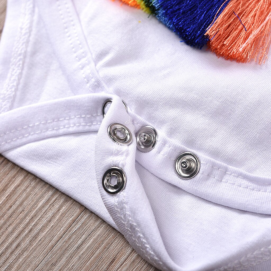 Novo verão bebê macacão recém-nascido infantil meninas meninos moda arco-íris franja impresso borla manga curta bodysuit roupas casuais