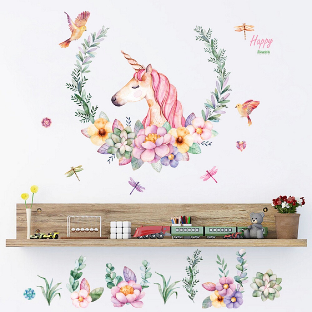 Cartoon Unicorn Petal Birds large Wall Stickers animal Home Decor living room Bedroom Art decals wallpaper