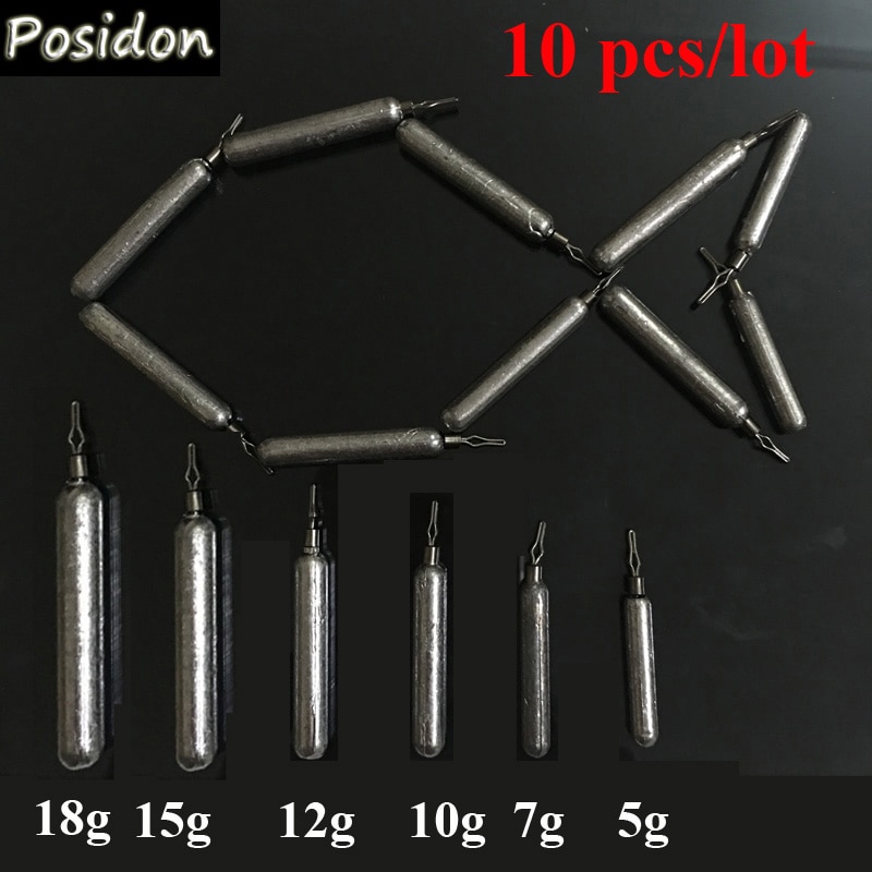 Posidon, 10 unidades/lote, 5g/7g/10g/12g/15g/18g, plomadas de plomo de caña larga, pesas de tiro dividido, peso de equilibrio, plomadas giratorias de plomo para pesca