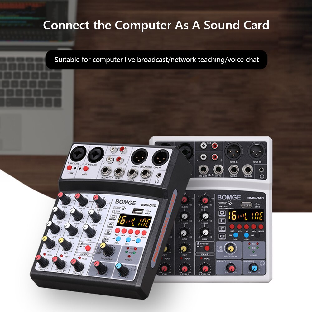 Wireless 4 Channels Audio Sound Mixer Mixing DJ Console USB Interface Sound Card with 48V Phantom Power 16 DSP Effects