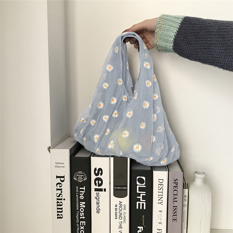 Bolso pequeño de tela transparente para mujer, bolsa de tela con bordado de margaritas, de , ecológico, para frutas, monedero para niña,