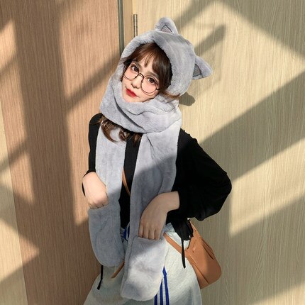 Höst/vinter tjejmössa med dubbel halsduk och handskar vit rosa hudton grå fritid ta bilder på en dejt: Grå