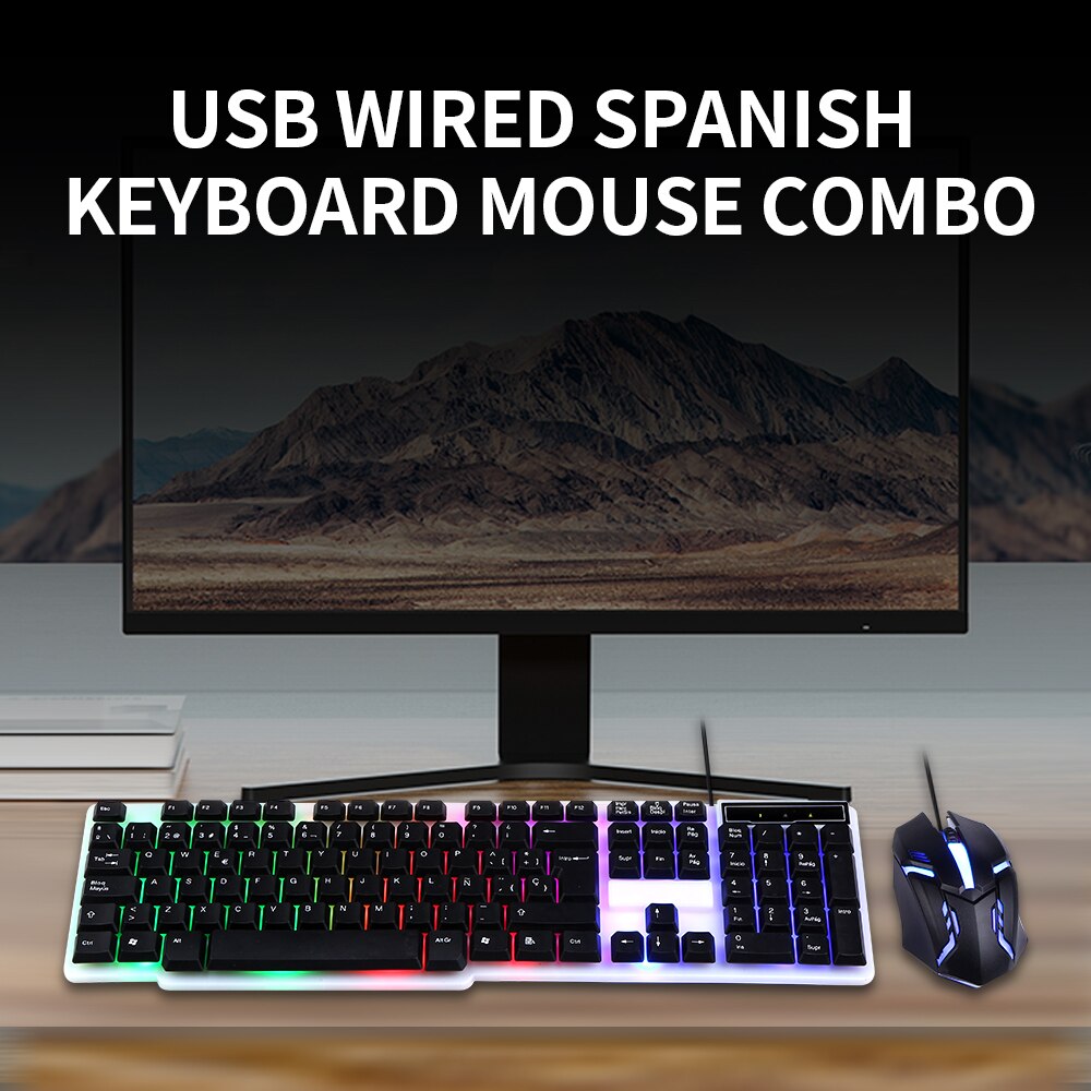 USB Wired Spanish Keyboard Mouse Combo 105 Keys Backlight Keyboard Ergonomic Mouse Kit with Suspended Keycaps Plug and Play