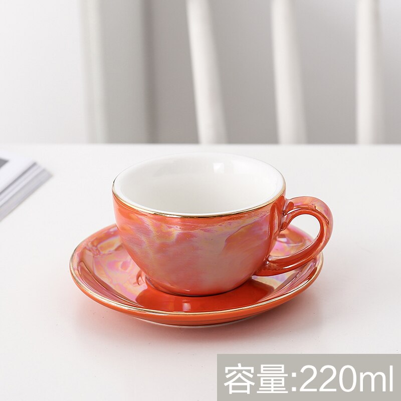 Europese Keramische Kopje Koffie Gold Lijn Parel Glazuur Koffiekopje Schotel Set Thuis Cafe Plezier: Orange-220ml