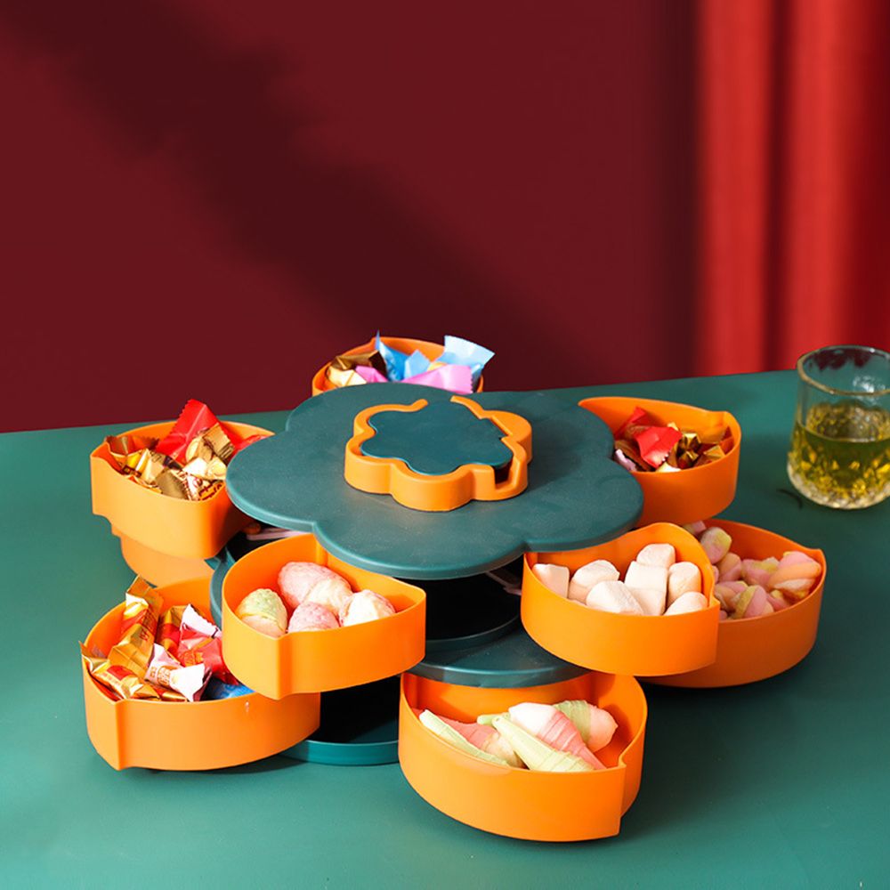 Boîte à bonbons rotative à pétales, plateau à fruits en forme de fleur à double couche contenant plateau à fruits secs en plastique multifonctionnel