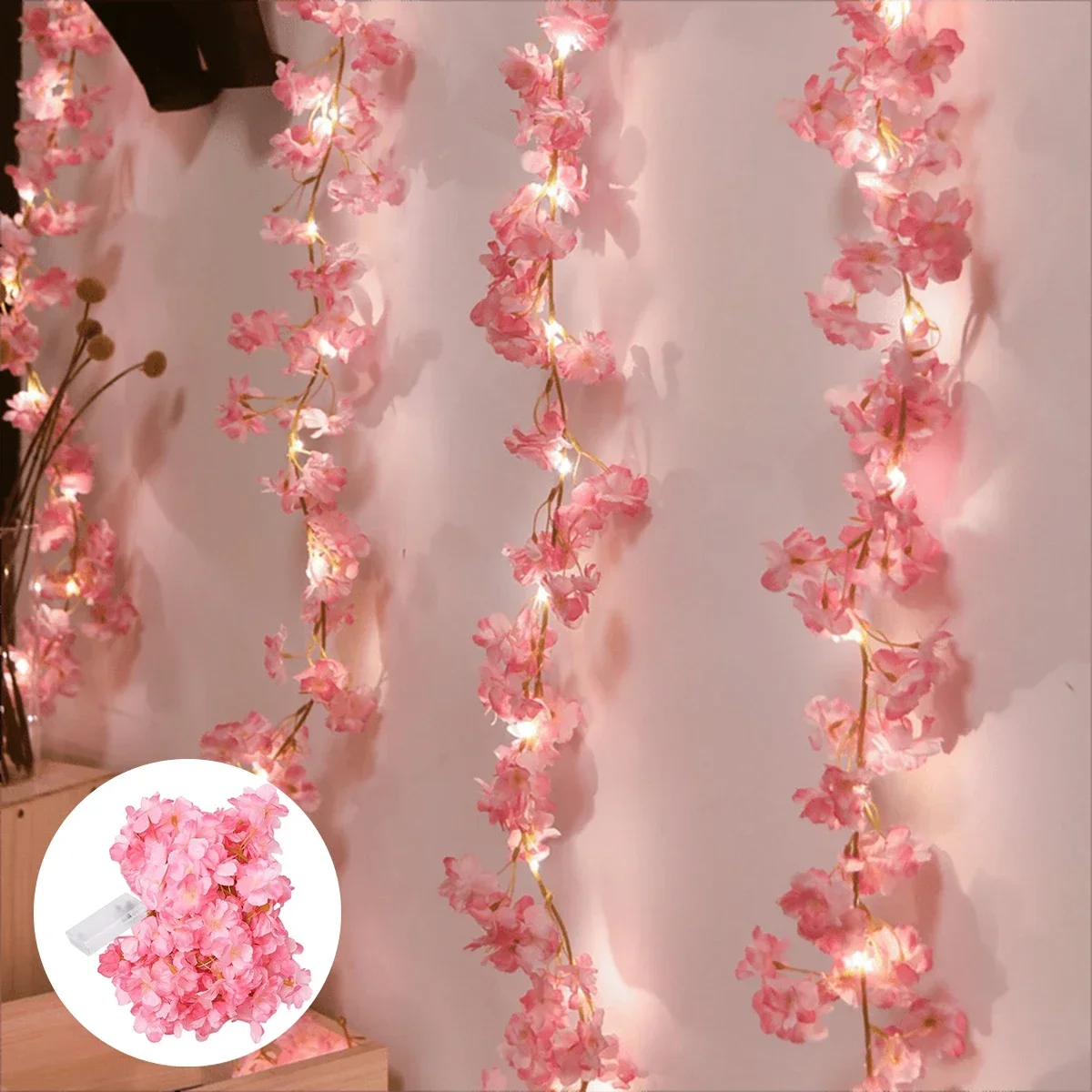 Guirnalda de luces de flor de cerezo rosa, 2M, 20LED, guirnalda de flores artificiales, enredaderas, luces de hadas para dormitorio, decoración del banquete de boda