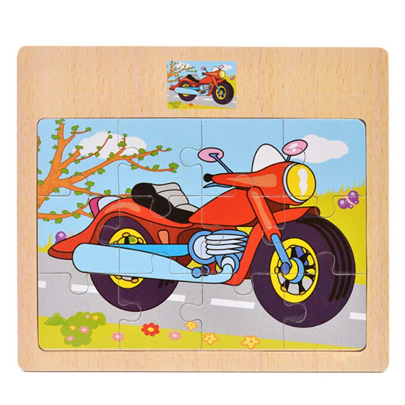 12 stuks Cartoon Puzzel Houten Speelgoed Dier/Voertuig/Motorfiets Hebben Referentie Foto Kids Educatief Kids speelgoed: motorcycle