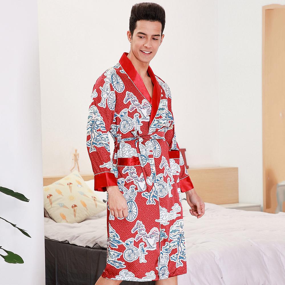 Silky Kimono Robe Bath Gown Chinese Male Long Sleepwear Animal Print Pajama Casual Rayon Robes Men Full Sleeve Nightwear: Style 7 / XXL
