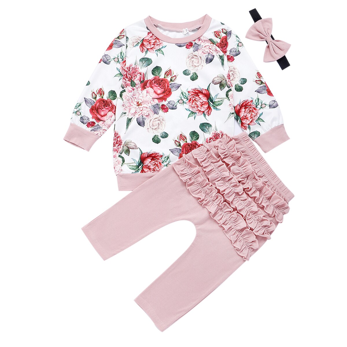 Cotton Newborn Baby Girl Clothes Infant Baby Girls Winter Clothe Outfits Flower Tops+Ruffle Pants Headband 3Pcs Clothing Set: Pink / 6M