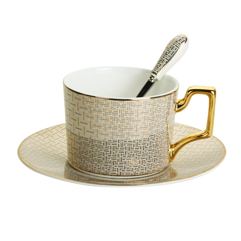 Porselen kaffe te kopper med tallerken, keramiske te kaffe krus sett teware sett drikke kopp krus sett: 200 ml kopp sett gull