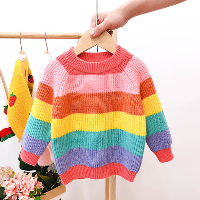 1-5 ans bébé fille vêtements d'hiver arc-en-ciel rayé tricot pull enfants col rond enfant en bas âge garçon vêtements pull de noël: 12M