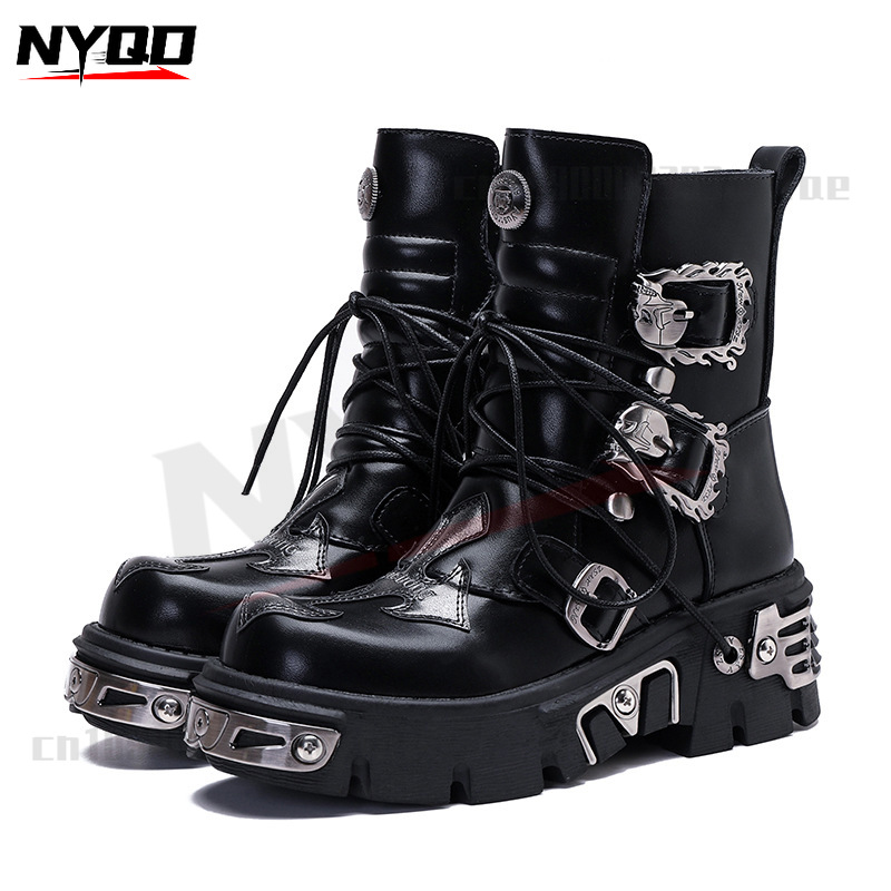 retro lässig Hohe Stiefel unisex Metall Felsen Dicken Sohlen Stiefel Motorrad Stiefel Männer Motorrad Schuhe botas moto