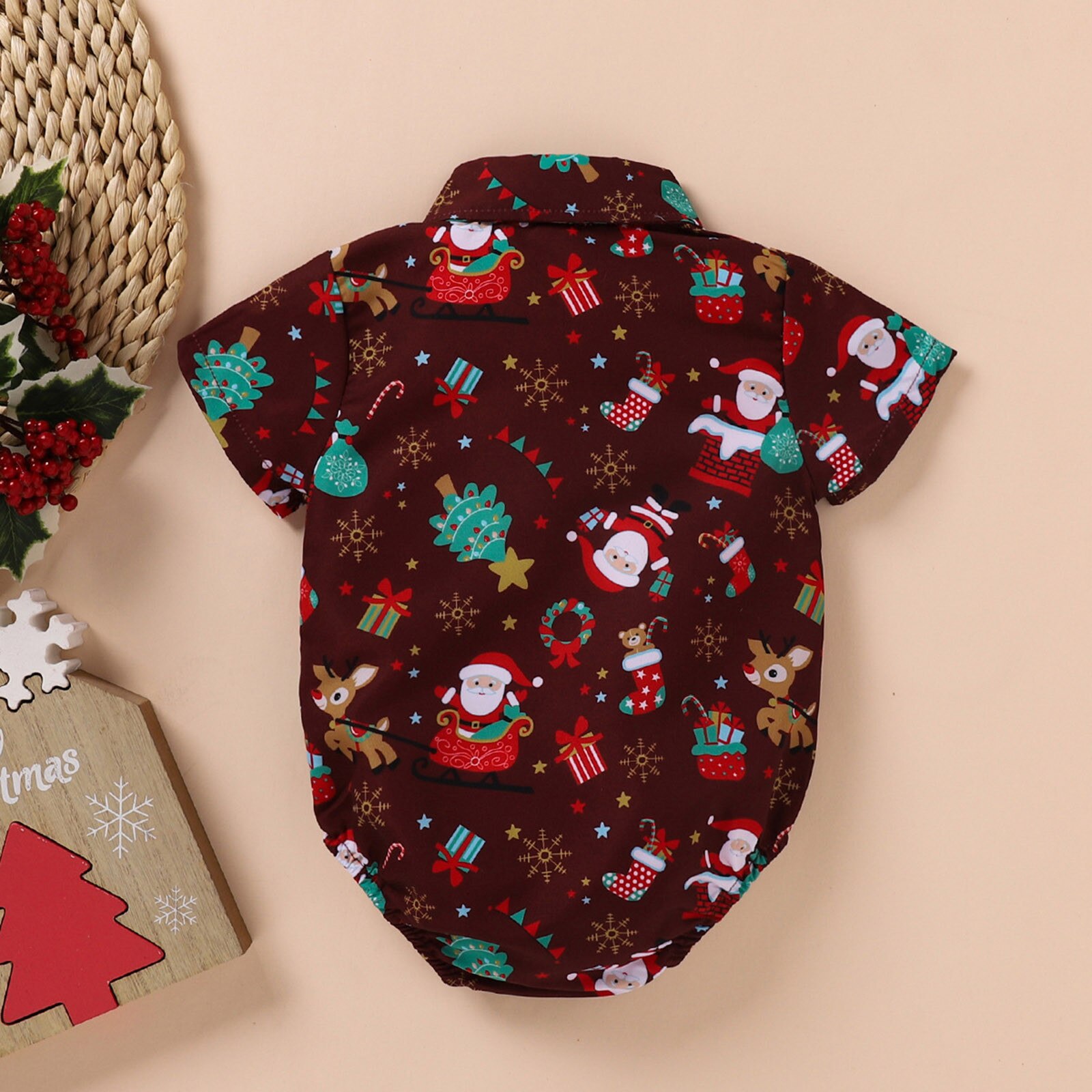 Christmas Baby Boys Bodysuits Santa Print Short Sleeve Bow Tie Gentleman Party Jumpsuits 0-24M