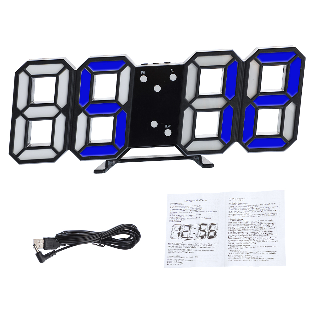 3D LED Digital Alarm Colck Large Date Time Nightlight Display Wall Alarm Clock for Living Room Table Desktop Clocks: black-blue