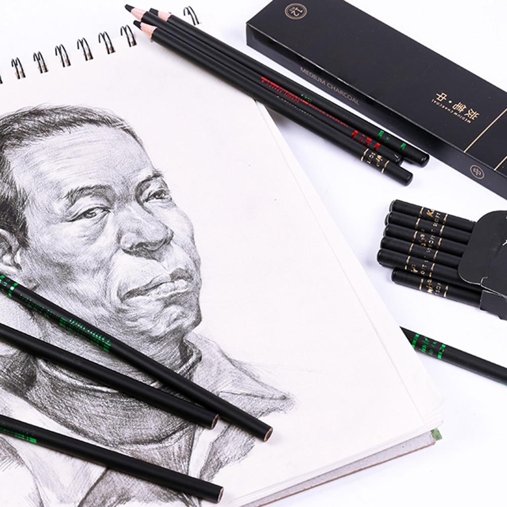 12 pièces croquis écrire dessin doux moyen dur charbon de bois crayon fournitures d'art