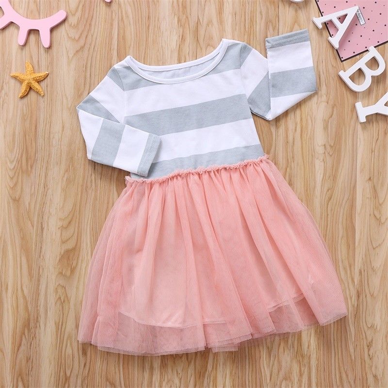 Little Girls Spring TuTu Dress Long Sleeve Striped Waist Ruffle Round Neck Dress Loose Mesh Multi-Layer Princess Dress