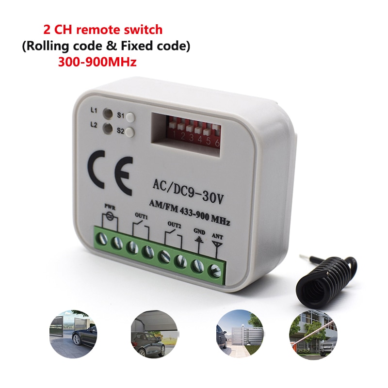 Universal Multi Frequency 300-900MHz Garage Door Remote Control Receiver 2 CH Controller Switch For 433 868 MHz Transmitter