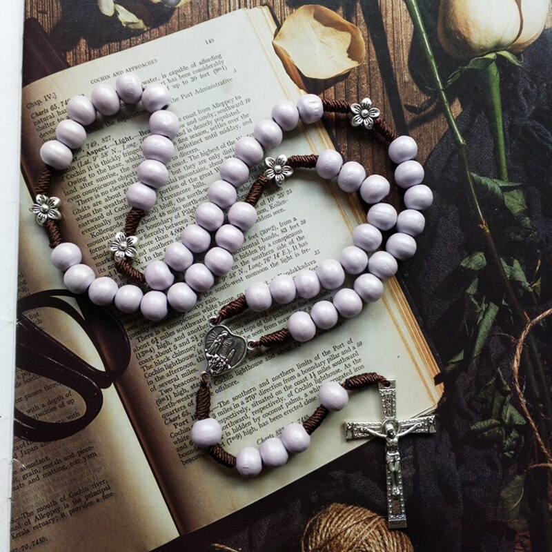 QX2E 10mm Holz Perlen Rosenkranz Halskette Jesus Christus Kreuz Anhänger Halsketten Religiöse Christian Schmuck für Männer Frauen