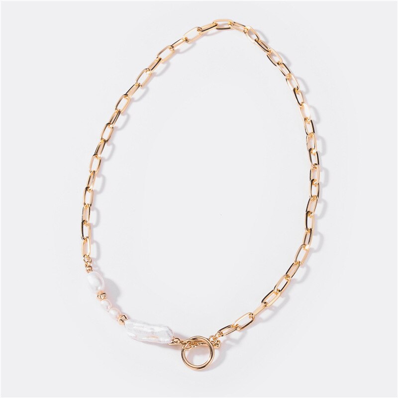Minimalist Irregular Natural Pearls Toggle Clasp Necklaces for Women Gold Mixed Linked Circle Choker Necklace Female Jewelry: Default Title