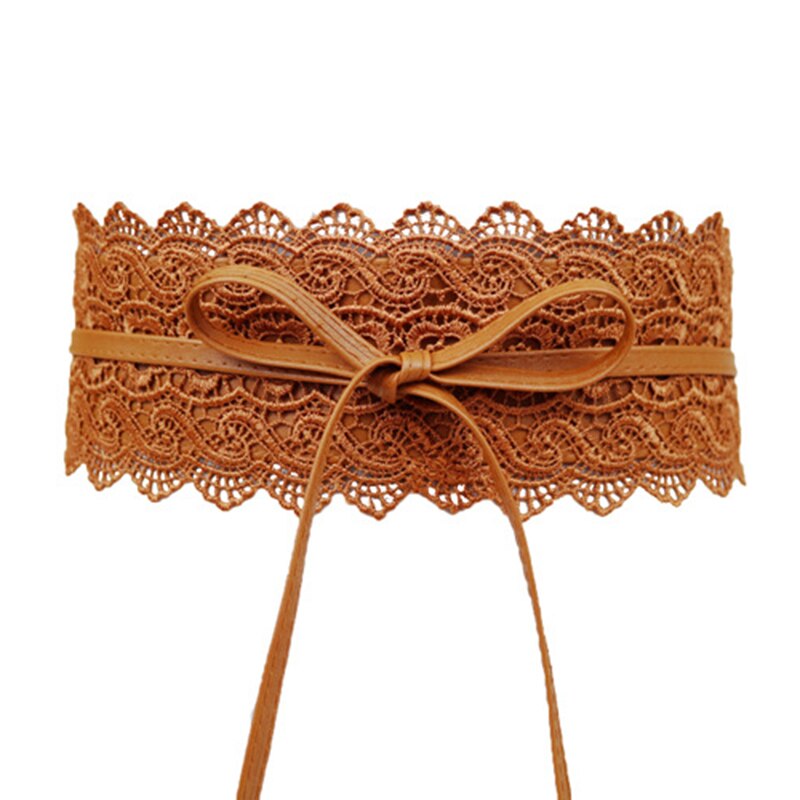 Waist Band Wide Corset Lace Belt Female Self Tie Obi Cinch Waistband Belts Lace side Butterfly tie Belt Buckle Waist Band: Camel