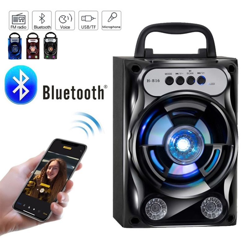 Altoparlante portatile Wireless sistema audio Stereo per bassi a denti blu con supporto per altoparlanti a luce Led TF Card Radio FM viaggi all&#39;aperto