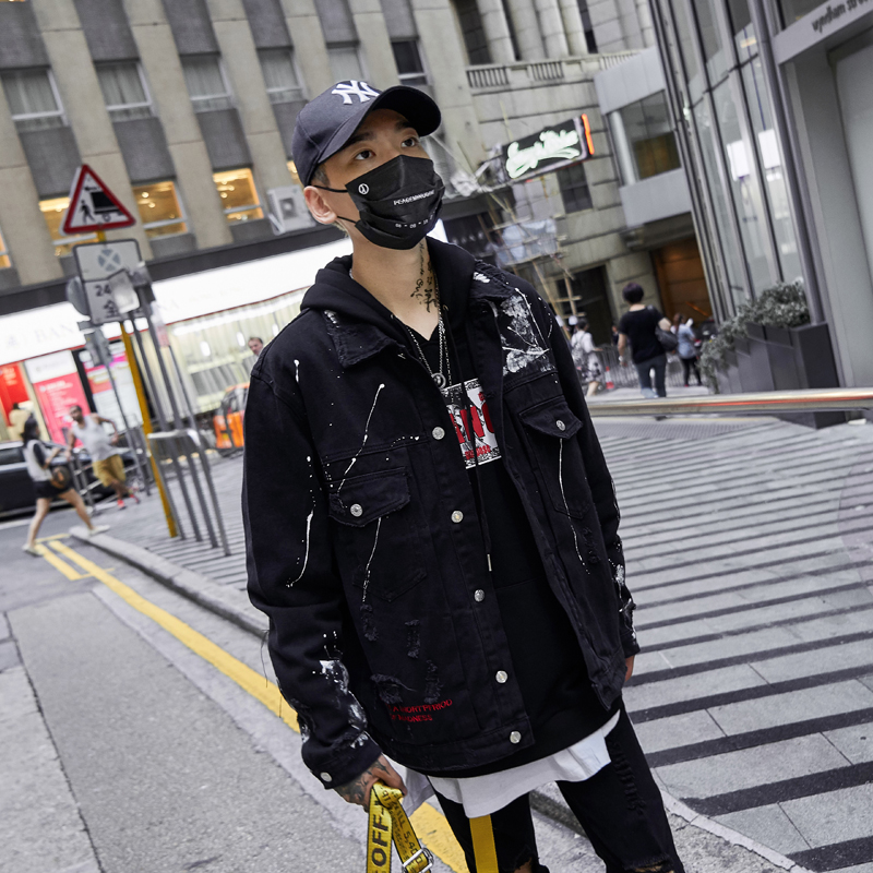 Mænd streetwear graffiti applikationer trykt jeans jakke hipster huller løs hip hop motorcykel bomuld sort afslappet denim jakker